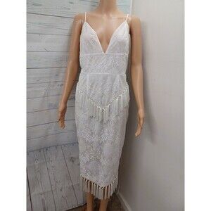 Pretty Little Thing White Boho Lace Strappy Maxi Dress Sz 10 Fringed